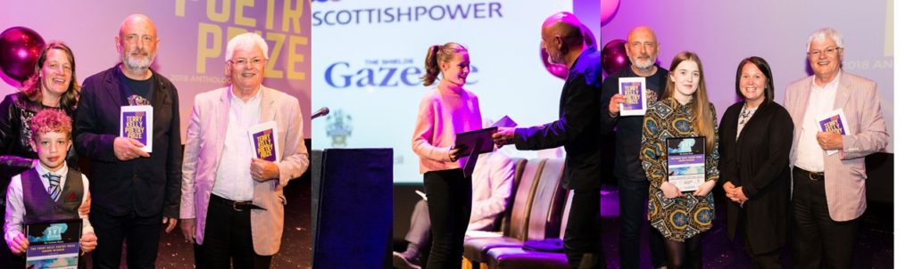 (left) Finn Edmonds and his mam with the judges; (centre) Bo Buglass accepts her certificate; (right) Lauren Aspery, the judges and Heather McDonald from The Scottish Power Foundation 